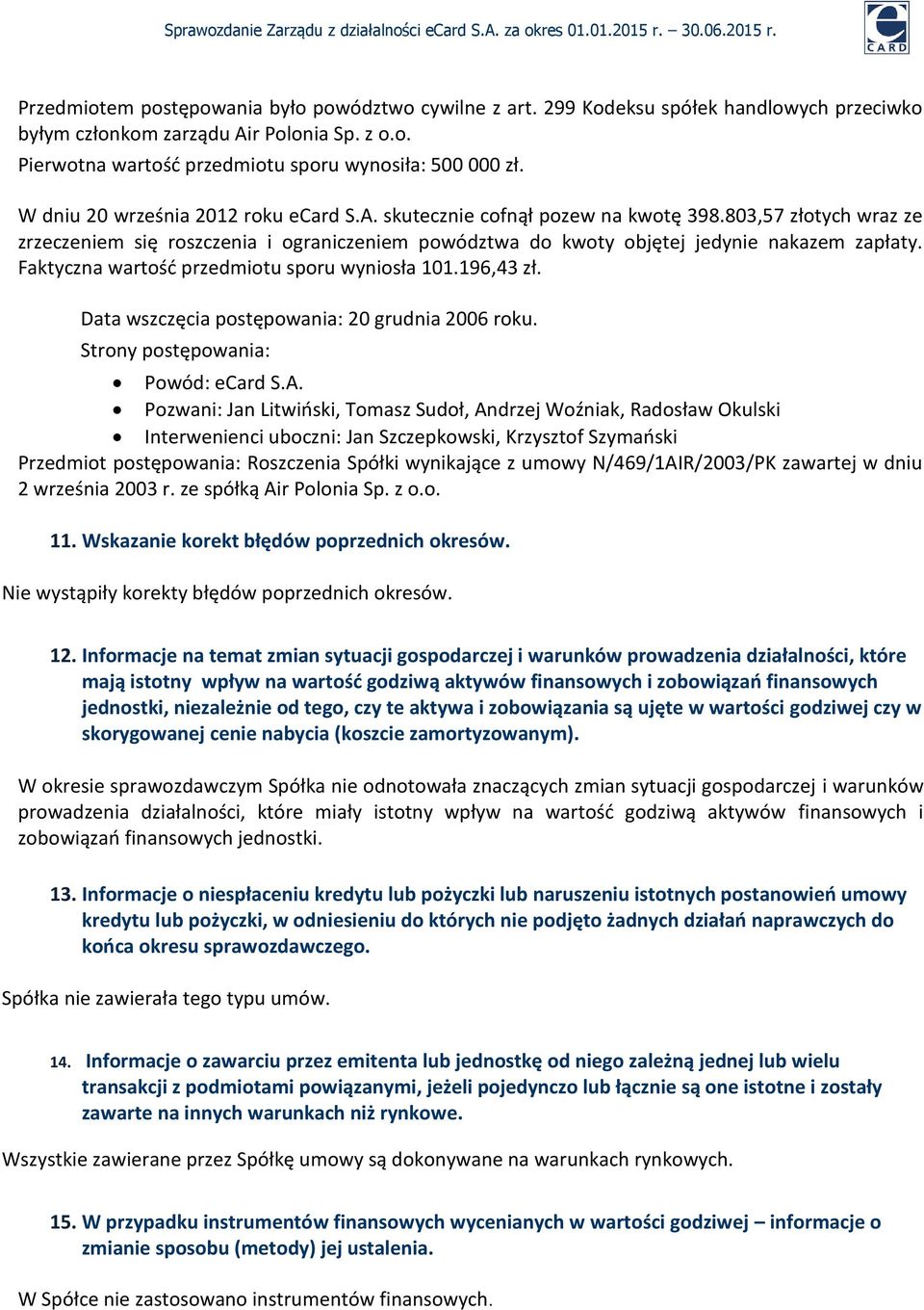 Faktyczna wartość przedmiotu sporu wyniosła 101.196,43 zł. Data wszczęcia postępowania: 20 grudnia 2006 roku. Strony postępowania: Powód: ecard S.A.