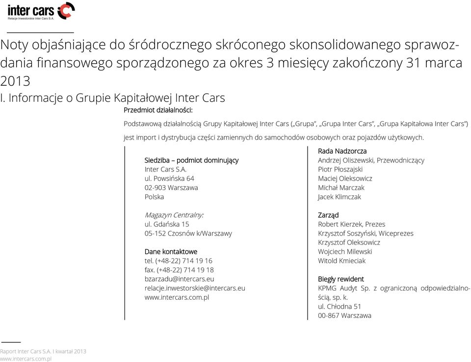 dystrybucja części zamiennych do samochodów osobowych oraz pojazdów użytkowych. Siedziba podmiot dominujący Inter Cars S.A. ul.