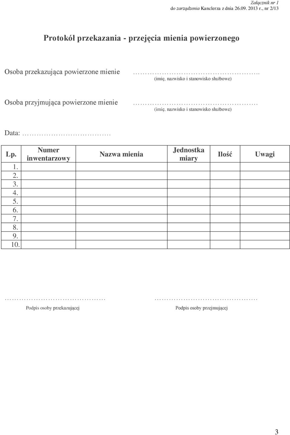 powierzone mienie.. Osoba przyjmująca powierzone mienie. Data:. Lp. 1. 2. 3. 4. 5. 6. 7.