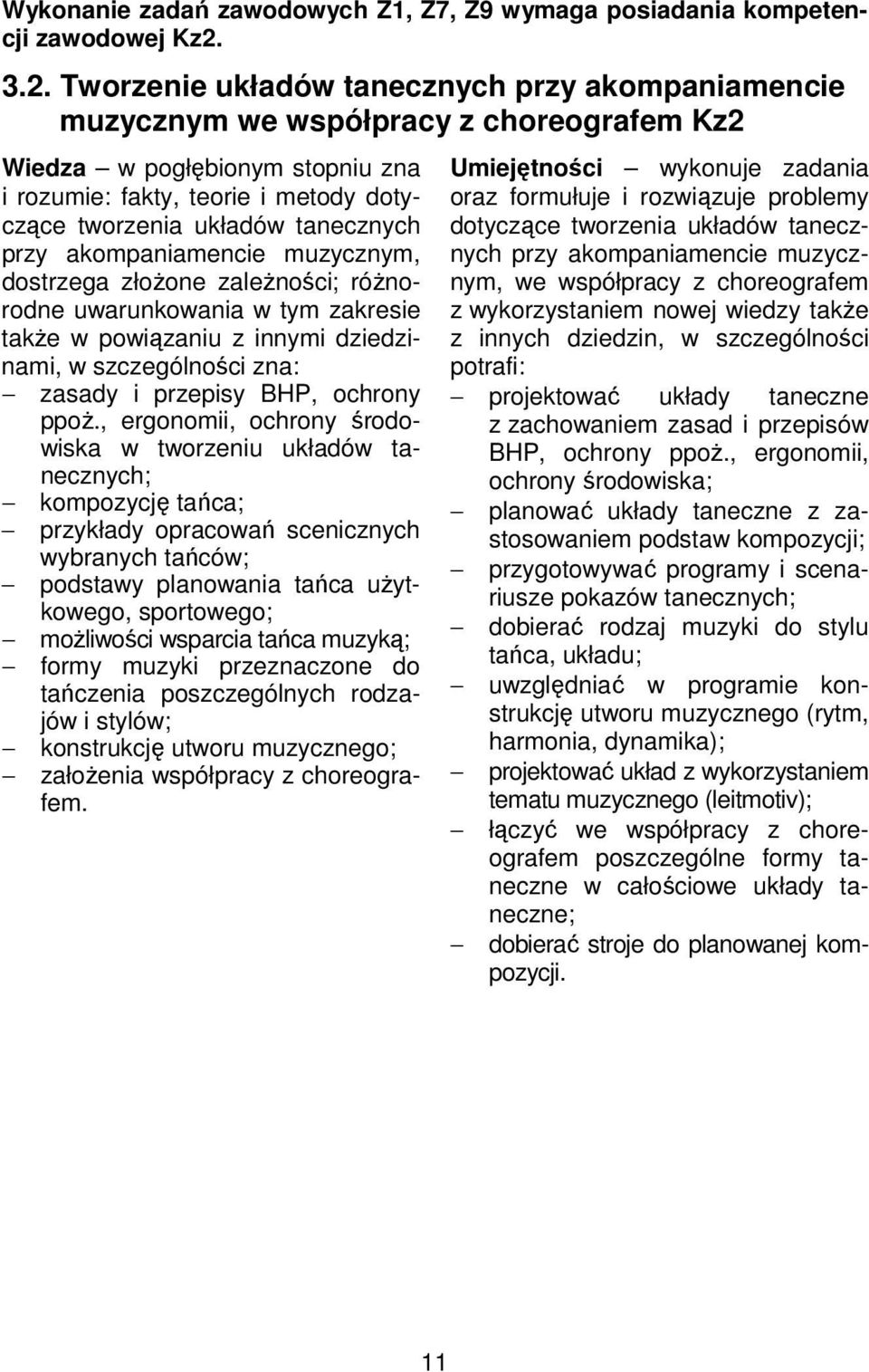 tanecznych przy akompaniamencie muzycznym, dostrzega złożone zależności; różnorodne uwarunkowania w tym zakresie także w powiązaniu z innymi dziedzinami, w szczególności zna: zasady i przepisy BHP,