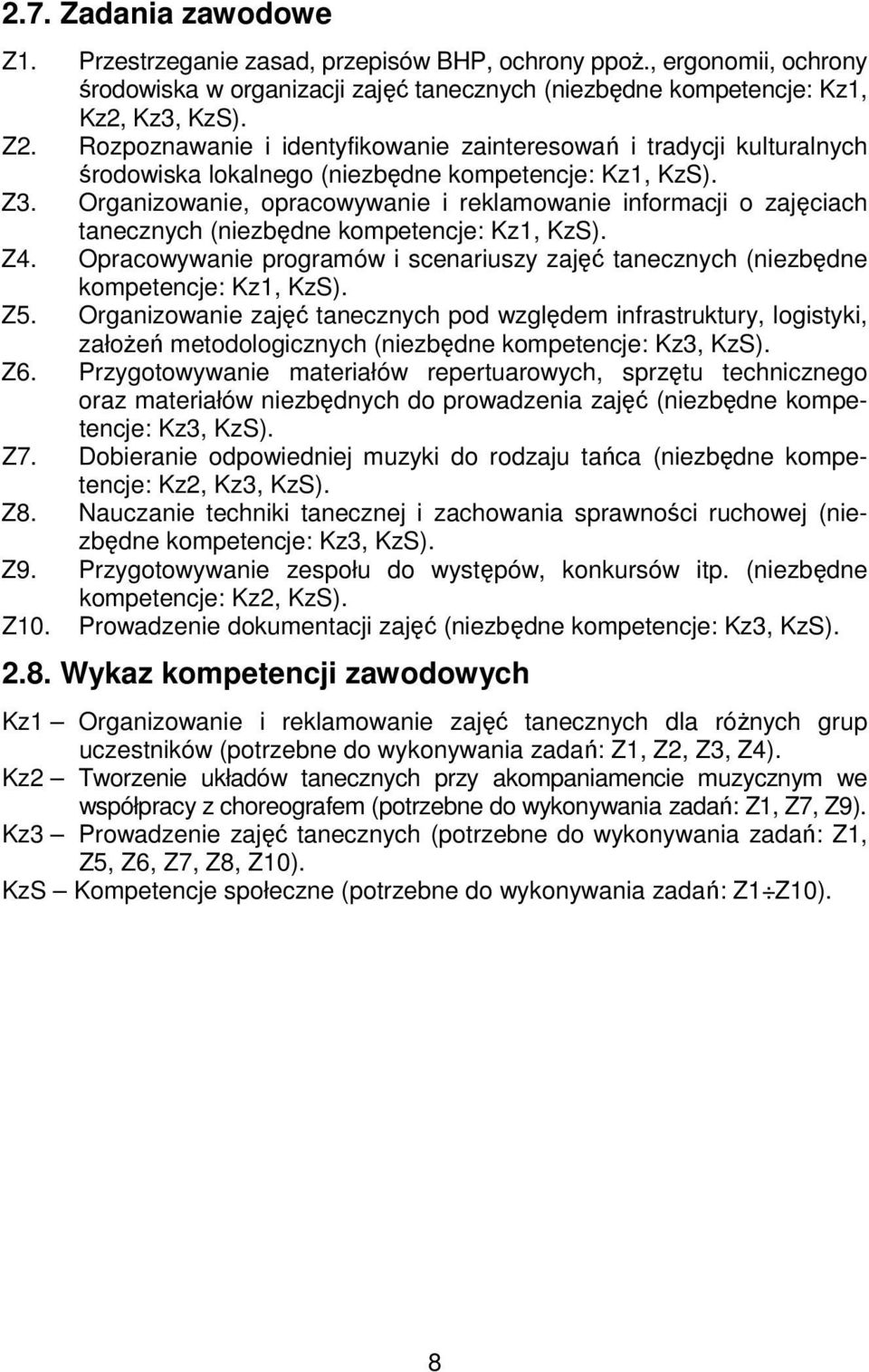 Organizowanie, opracowywanie i reklamowanie informacji o zajęciach tanecznych (niezbędne kompetencje: Kz1, KzS). Z4.