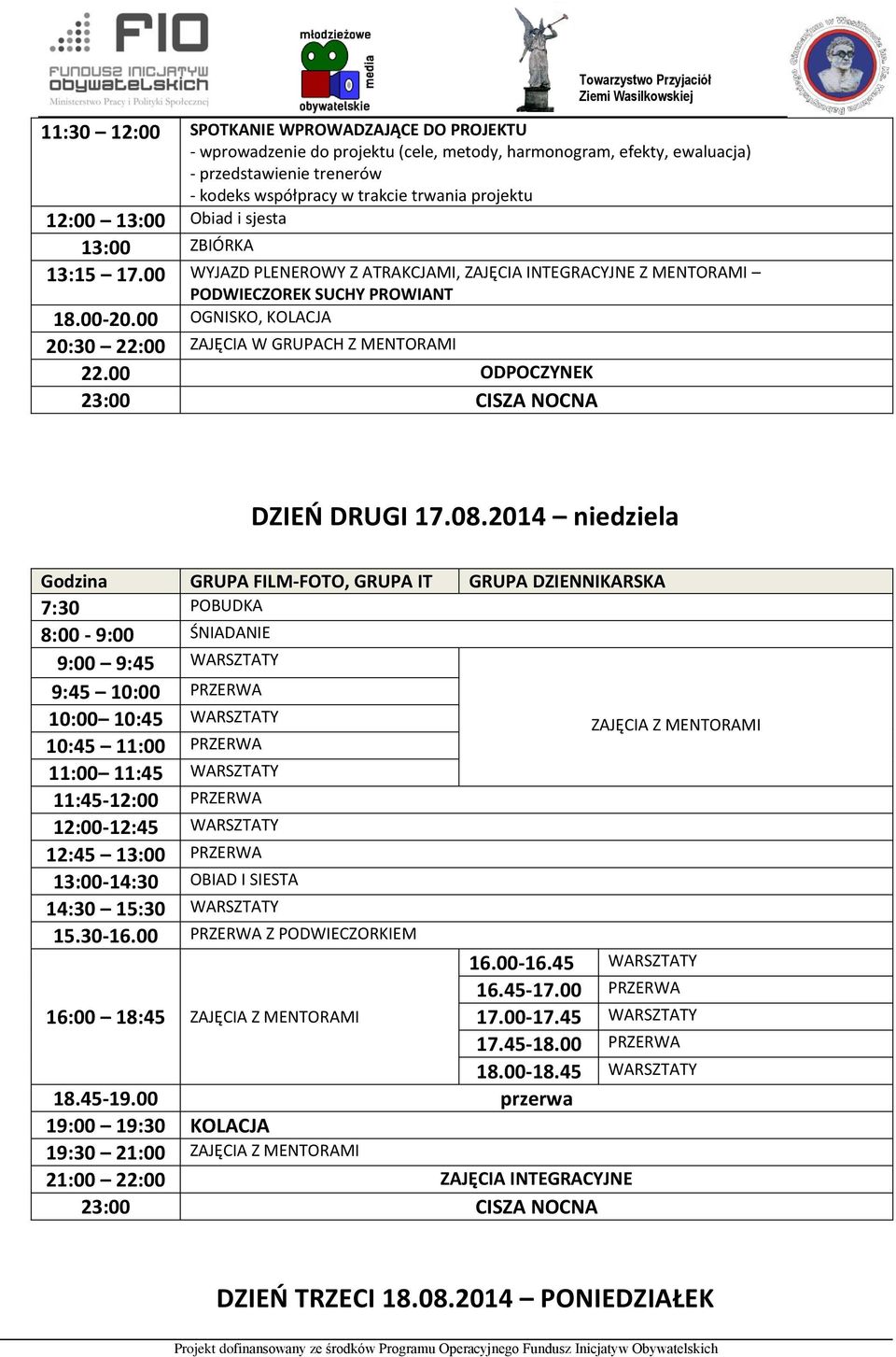 00 OGNISKO, KOLACJA 20:30 22:00 ZAJĘCIA W GRUPACH Z MENTORAMI 22.00 ODPOCZYNEK DZIEŃ DRUGI 17.08.