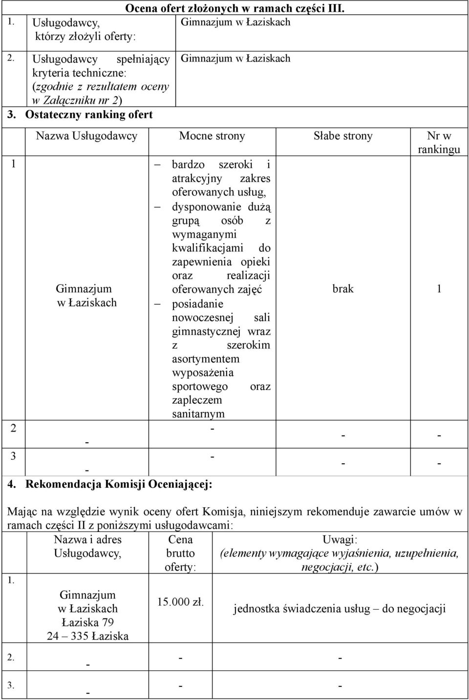 Ostateczny ranking ofert 1 Gimnazjum w Łaziskach Gimnazjum w Łaziskach Nazwa Usługodawcy Mocne strony Słabe strony Nr w rankingu bardzo szeroki i atrakcyjny zakres oferowanych usług, dysponowanie