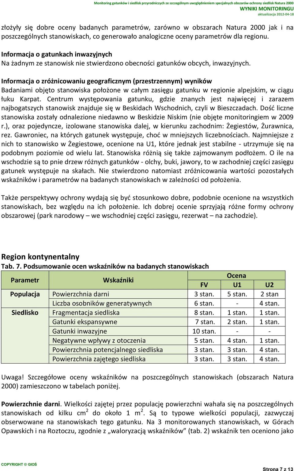 Informacja o zróżnicowaniu geograficznym (przestrzennym) wyników Badaniami objęto stanowiska położone w całym zasięgu gatunku w regionie alpejskim, w ciągu łuku Karpat.