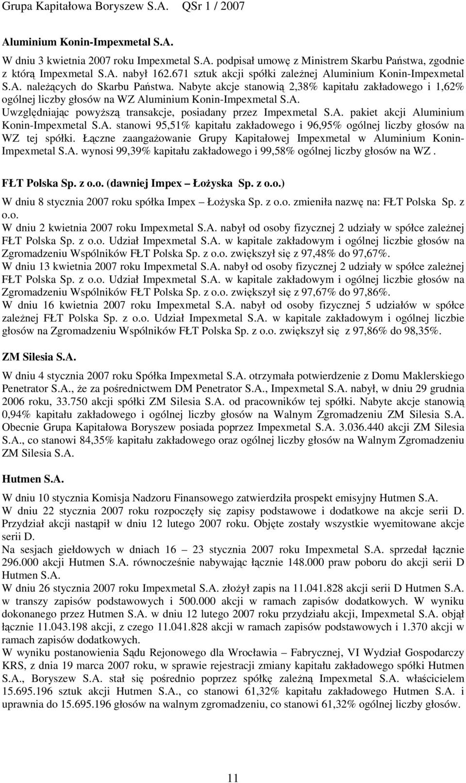 Nabyte akcje stanowi 2,38% kapitału zakładowego i 1,62% ogólnej liczby głosów na WZ Aluminium Konin-Impexmetal S.A. Uwzgldniajc powysz transakcje, posiadany przez Impexmetal S.A. pakiet akcji Aluminium Konin-Impexmetal S.