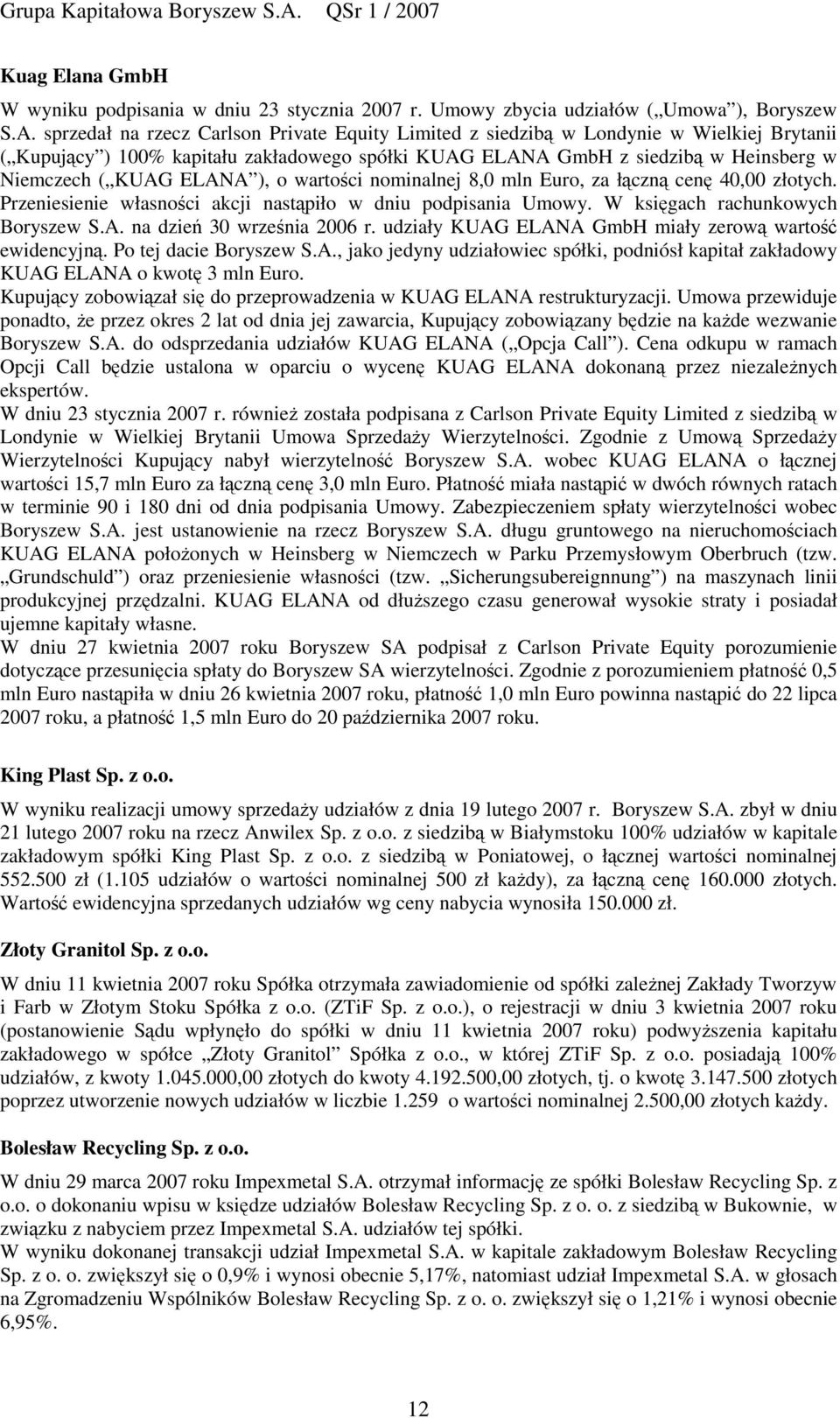 ), o wartoci nominalnej 8,0 mln Euro, za łczn cen 40,00 złotych. Przeniesienie własnoci akcji nastpiło w dniu podpisania Umowy. W ksigach rachunkowych Boryszew S.A. na dzie 30 wrzenia 2006 r.