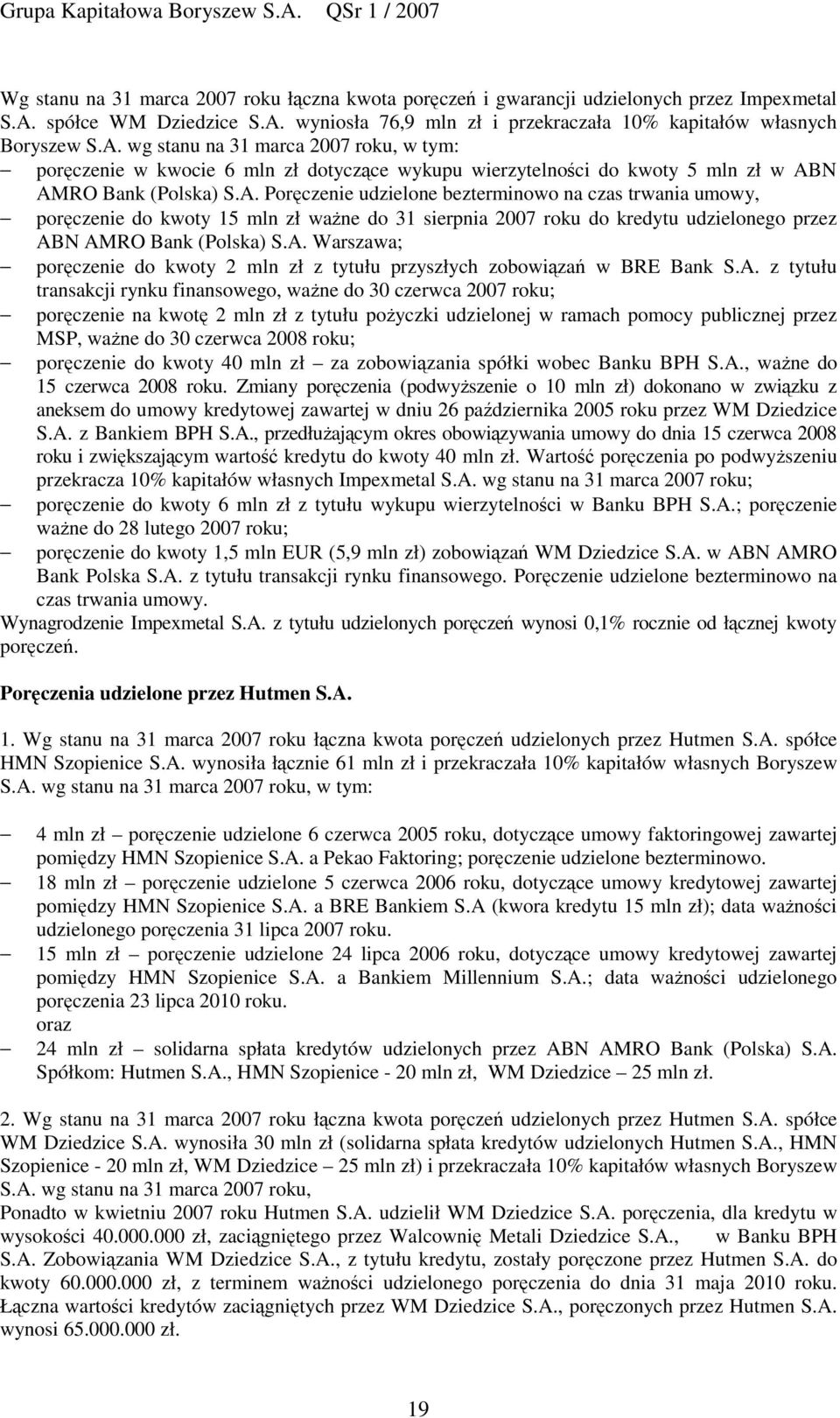 A. Porczenie udzielone bezterminowo na czas trwania umowy, porczenie do kwoty 15 mln zł wane do 31 sierpnia 2007 roku do kredytu udzielonego przez ABN AMRO Bank (Polska) S.A. Warszawa; porczenie do kwoty 2 mln zł z tytułu przyszłych zobowiza w BRE Bank S.