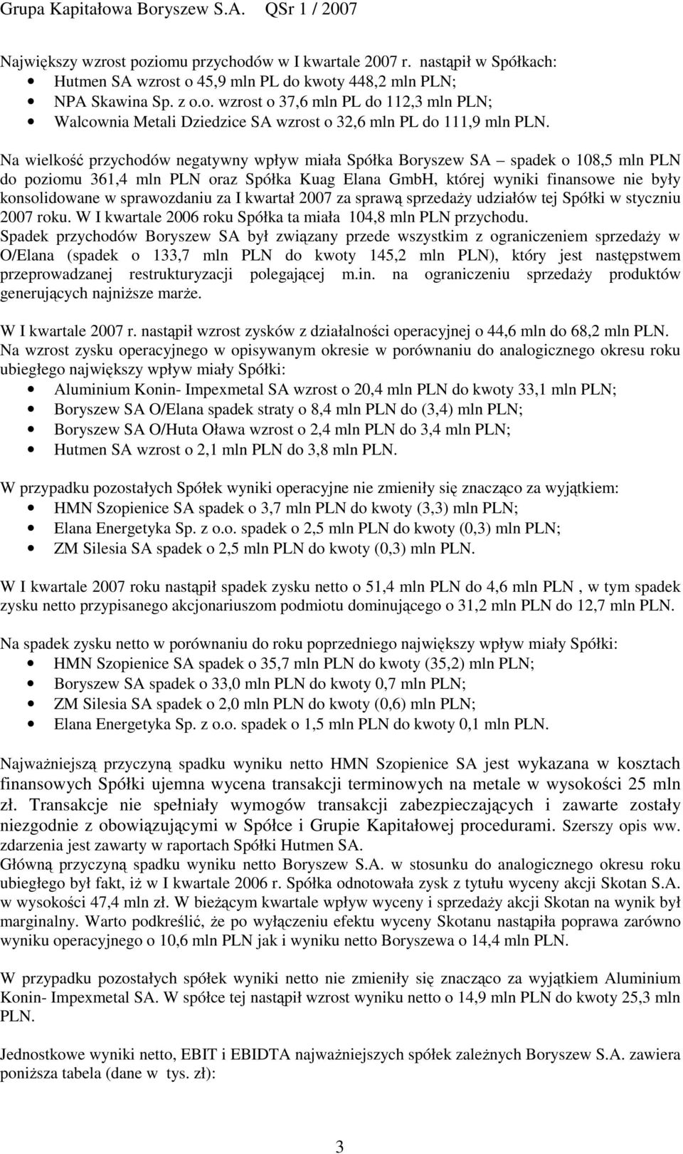 sprawozdaniu za I kwartał 2007 za spraw sprzeday udziałów tej Spółki w styczniu 2007 roku. W I kwartale 2006 roku Spółka ta miała 104,8 mln PLN przychodu.