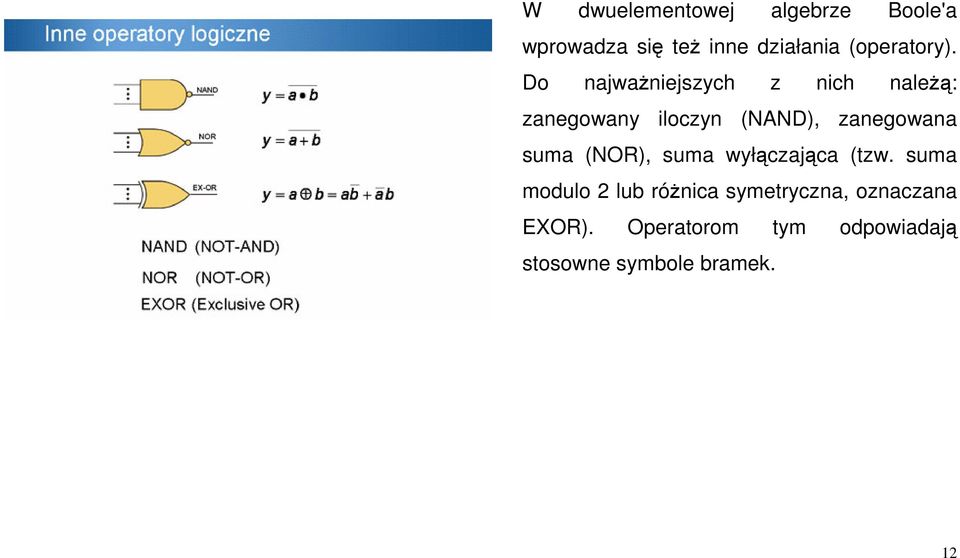 Do najwaniejszych z nich nale: zanegowany iloczyn (NAND), zanegowana