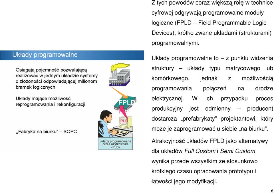 Układy programowalne to z punktu widzenia struktury układy typu matrycowego lub komórkowego, jednak z moliwoci programowania połcze na drodze elektrycznej.