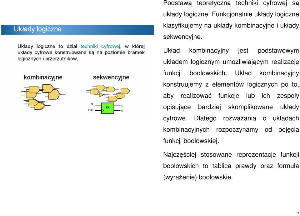 Układ kombinacyjny konstruujemy z elementów logicznych po to, aby realizowa funkcje lub ich zespoły opisujce bardziej skomplikowane układy cyfrowe.