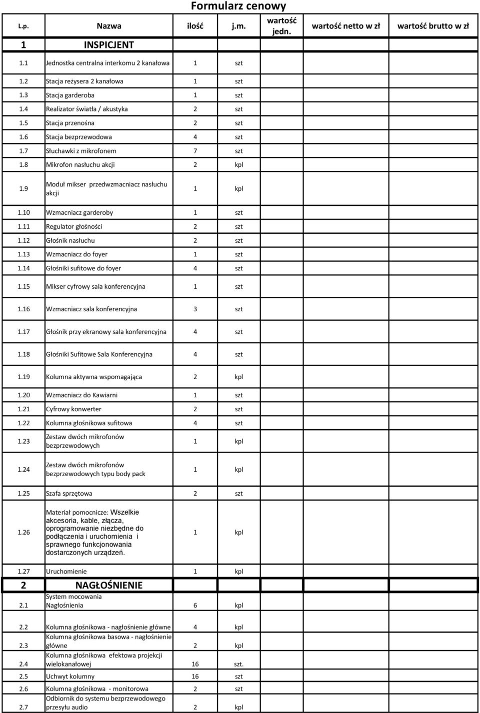 Regulator głośności. Głośnik nasłuchu. Wzmacniacz do foyer. Głośniki sufitowe do foyer. Mikser cyfrowy sala konferencyjna.6 Wzmacniacz sala konferencyjna.7 Głośnik przy ekranowy sala konferencyjna.