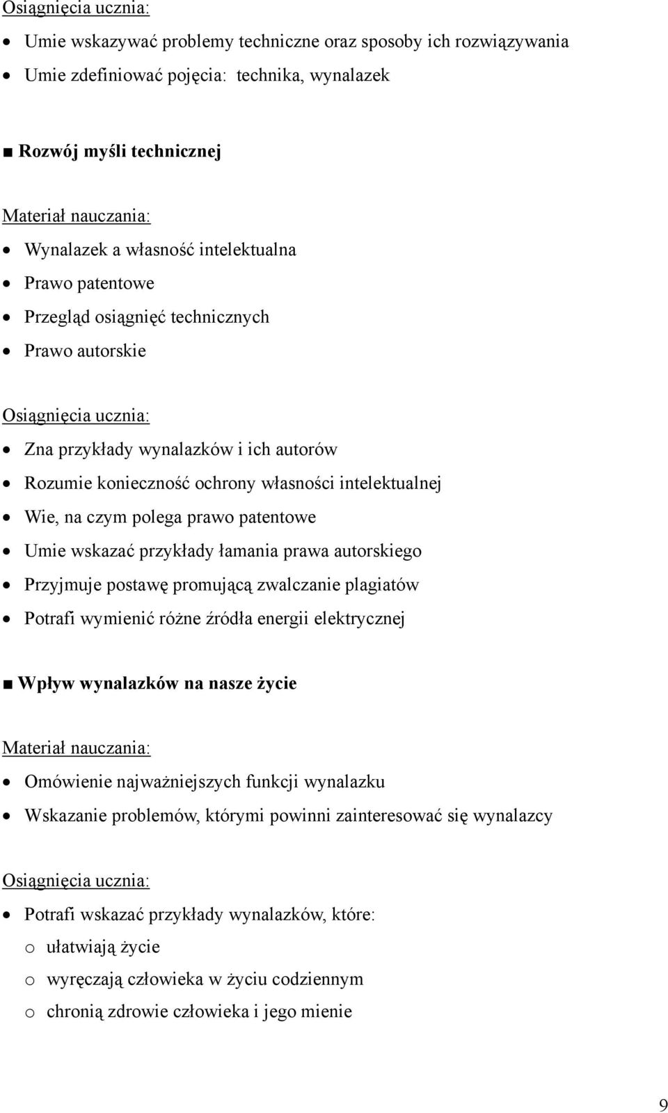 prawa autorskiego Przyjmuje postawę promującą zwalczanie plagiatów Potrafi wymienić różne źródła energii elektrycznej Wpływ wynalazków na nasze życie Omówienie najważniejszych funkcji wynalazku