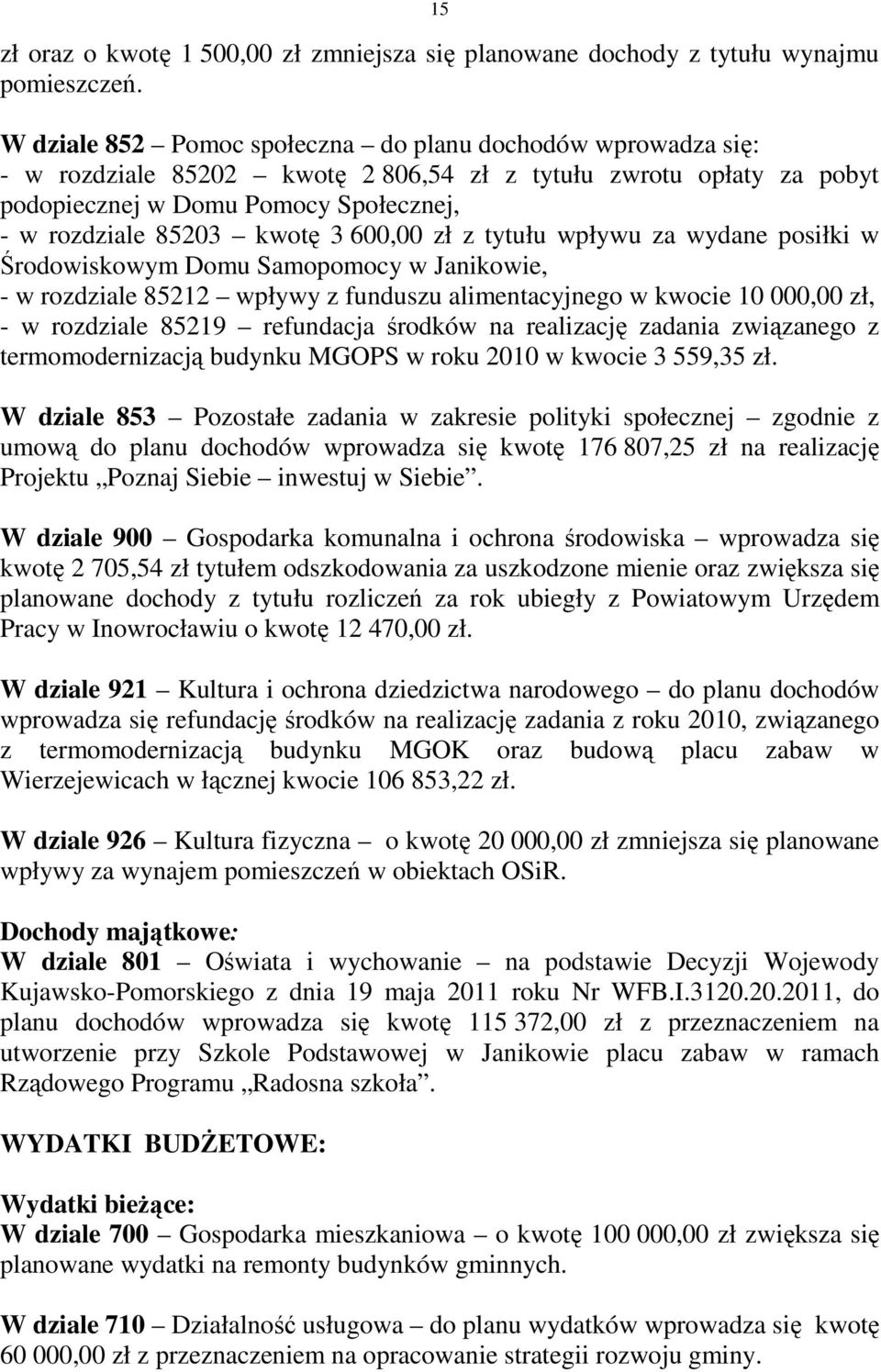 600,00 zł z tytułu wpływu za wydane posiłki w Środowiskowym Domu Samopomocy w Janikowie, - w rozdziale 85212 wpływy z funduszu alimentacyjnego w kwocie 10 000,00 zł, - w rozdziale 85219 refundacja