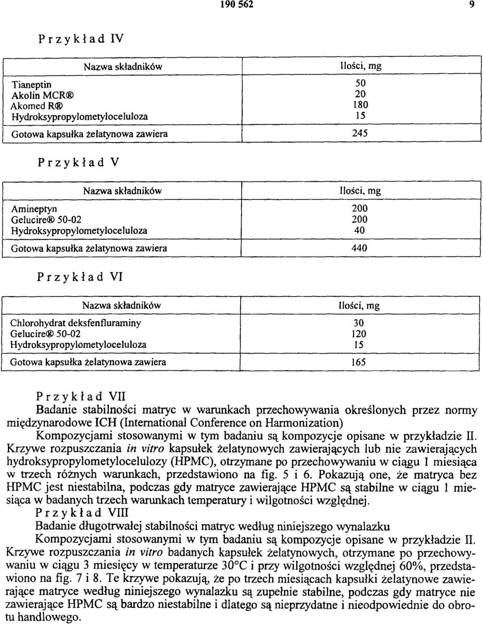 Hydroksypropylometyloceluloza 15 Gotowa kapsułka żelatynowa zawiera 165 P r z y k ł a d VII Badanie stabilności matryc w warunkach przechowywania określonych przez normy międzynarodowe ICH