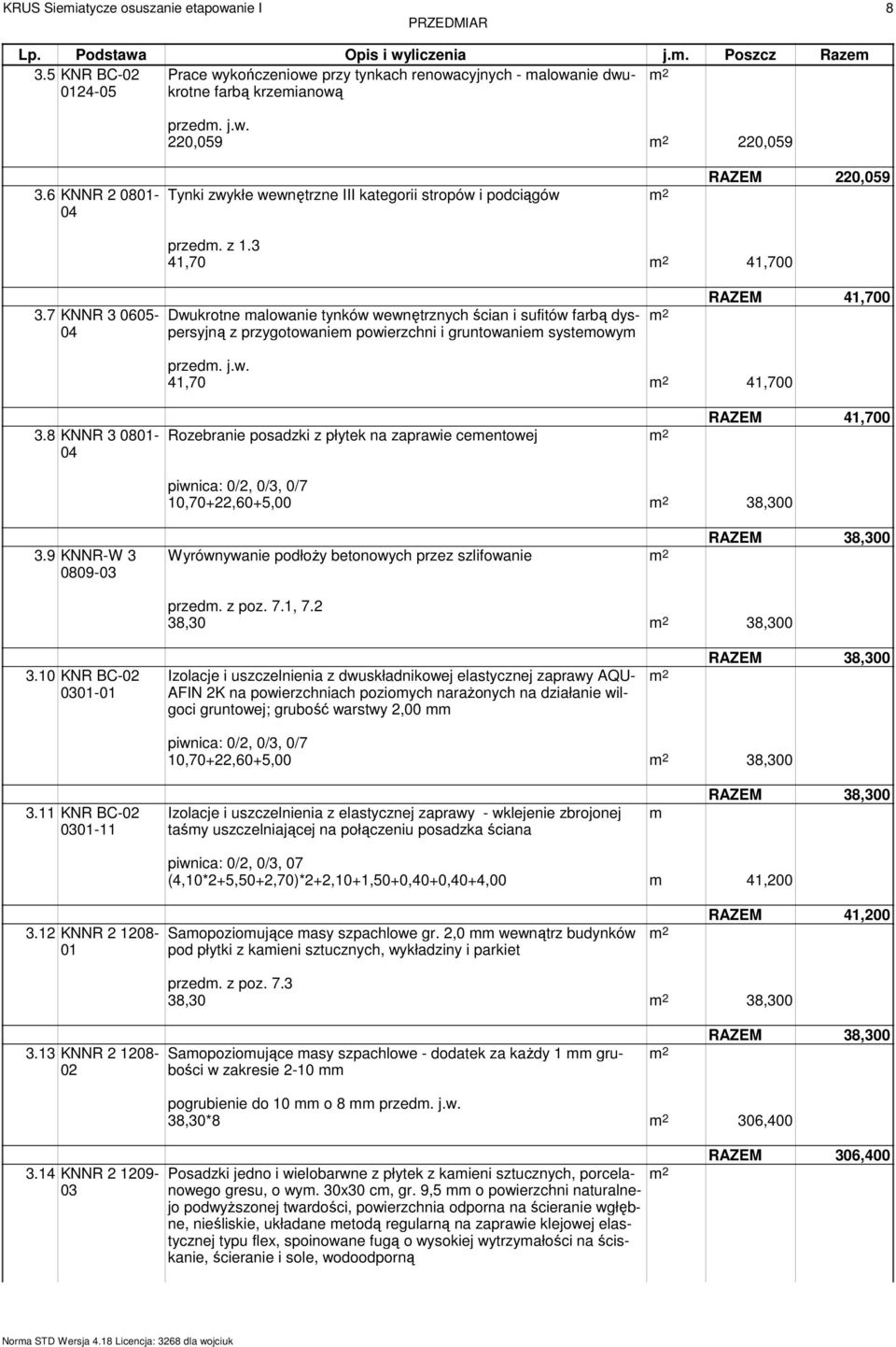 6 KNNR 2 0801-04 Tynki zwykłe wewnętrzne III kategorii stropów i podciągów RAZEM 220,059 przed. z 1.3 41,70 41,700 3.