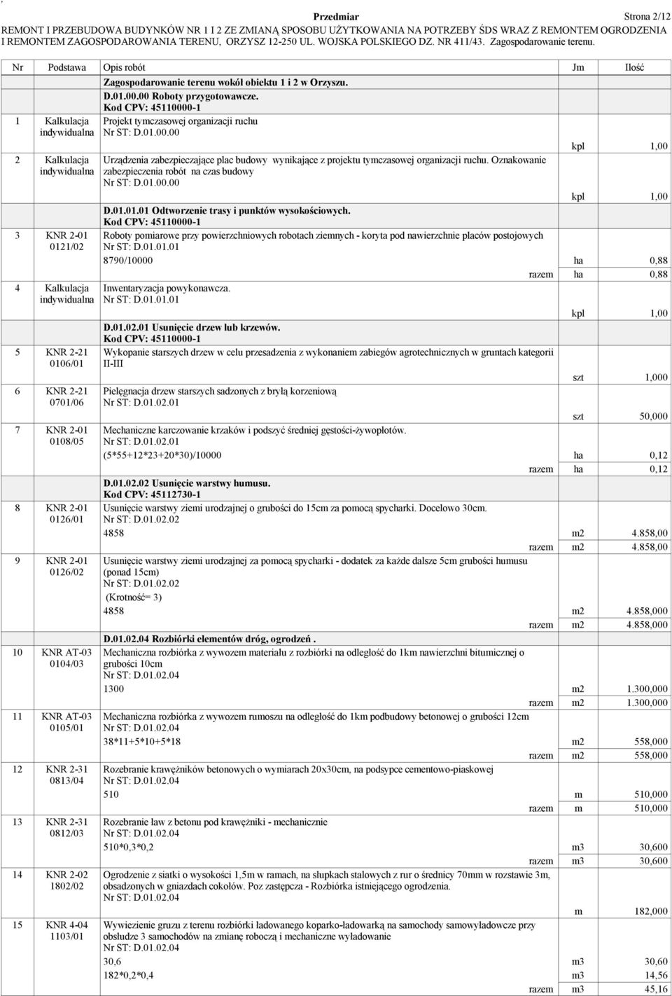 Kod CPV: 45110000-1 Projekt tymczasowej organizacji ruchu Nr ST: D.01.00.00 kpl 1,00 Urządzenia zabezpieczające plac budowy wynikające z projektu tymczasowej organizacji ruchu.