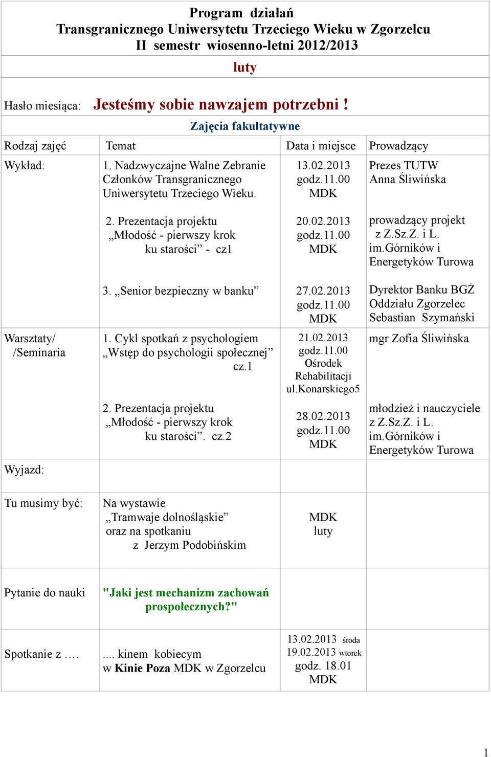 Sz.Z. i L. im.górników i 3. Senior bezpieczny w banku 27.02.2013 Dyrektor Banku BGŻ Oddziału Zgorzelec Sebastian Szymański cz.1 21.02.2013 2. Prezentacja projektu Młodość - pierwszy krok ku starości.