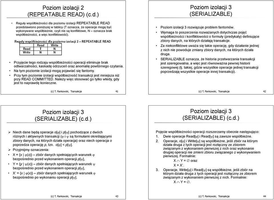 tym poziomie izolacji mogą pojawiać się fantomy Przy tym poziomie izolacji współbieżność transakcji jest mniejsza niż przy READ COMMITTED Należy więc stosować tylko wtedy, gdy jest to naprawdę