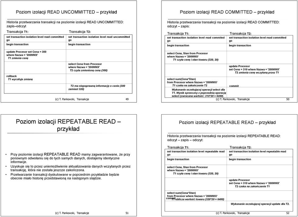 set transaction isolation level read ed set transaction isolation level read ted update Procesor set Cena = 300 where Nazwa = '200MMX' T1 zmienia cenę rollback T1 wycofuje zmianę select Cena from