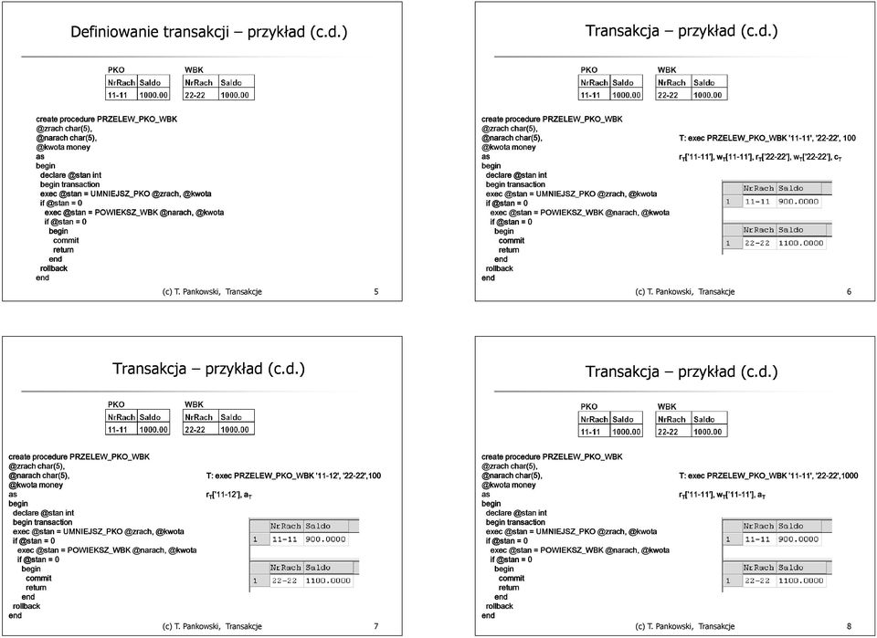 UMNIEJSZ_PKO @zrach, @kwota exec @stan = POWIEKSZ_WBK @narach, @kwota return rollback T: exec PRZELEW_PKO_WBK '11-11', 11', '22-22', 22', 100 r T [ 11-11 ], 11 ], w T [11-11 ], 11 ], r T [ 22-22 ],