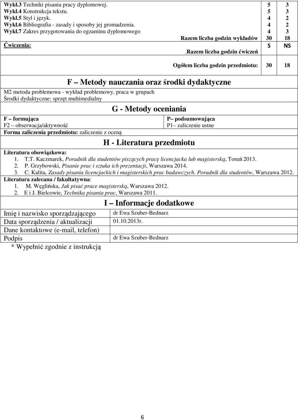 Metody oceniania F formująca F2 obserwacja/aktywność Ogółem liczba godzin przedmiotu: 30 18 P podsumowująca P1 zaliczenie ustne Forma zaliczenia przedmiotu: zaliczenie z oceną H - Literatura