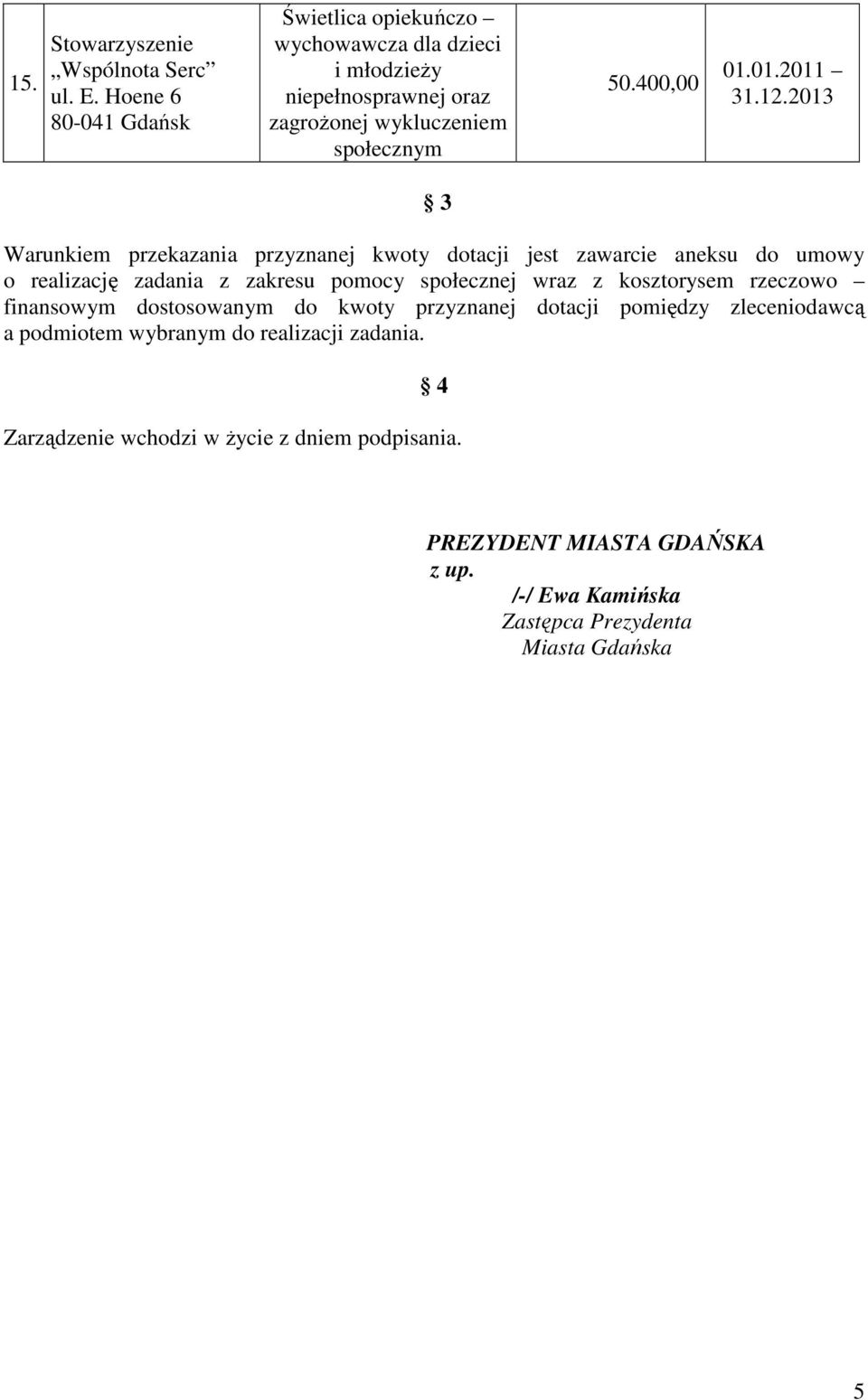 przekazania przyznanej kwoty dotacji jest zawarcie aneksu do umowy o realizację zadania z zakresu pomocy społecznej wraz z kosztorysem