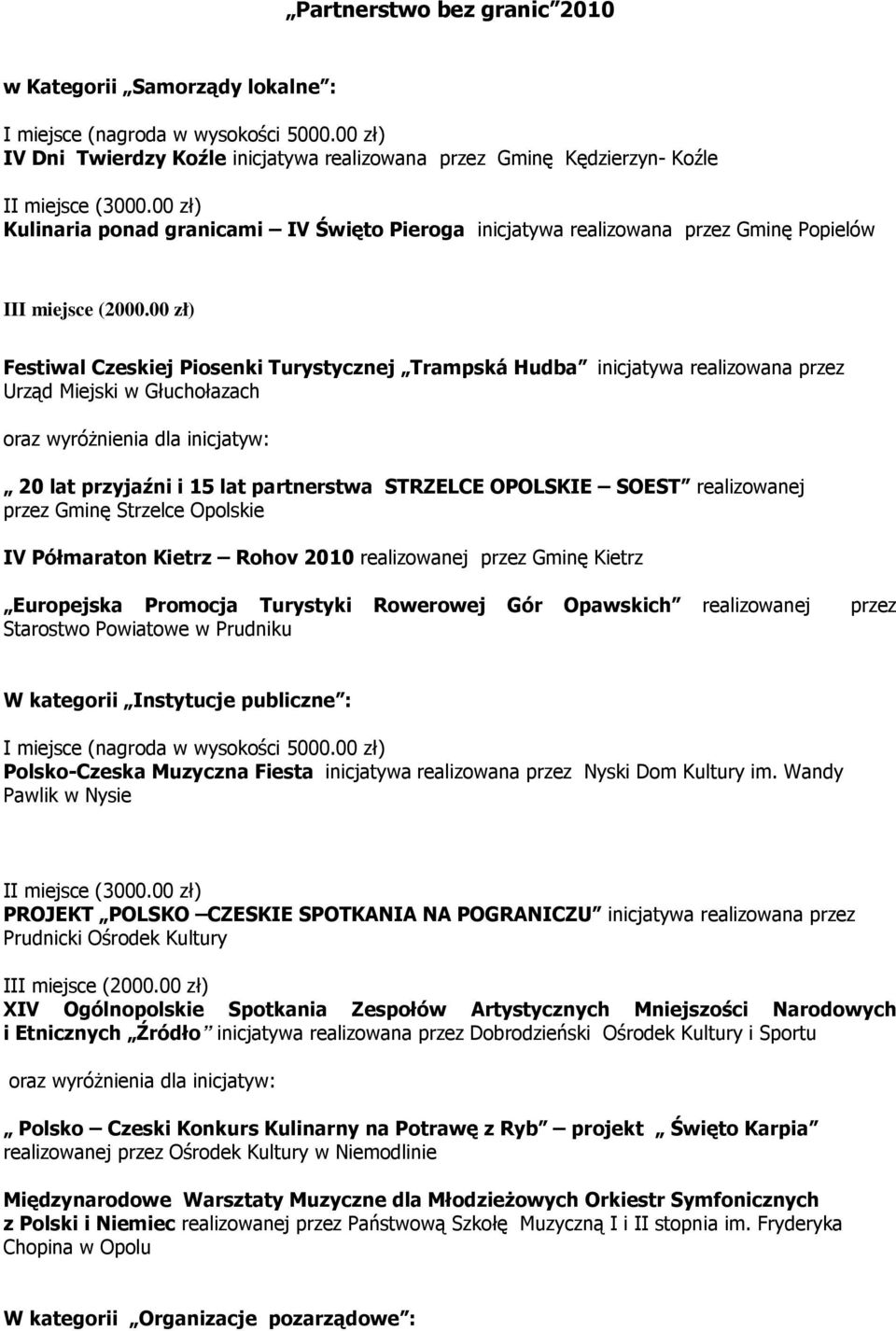 OPOLSKIE SOEST realizowanej przez Gminę Strzelce Opolskie IV Półmaraton Kietrz Rohov 2010 realizowanej przez Gminę Kietrz Europejska Promocja Turystyki Rowerowej Gór Opawskich realizowanej Starostwo