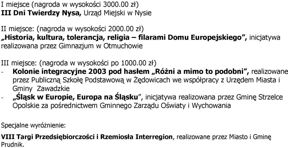 00 zł) - Kolonie integracyjne 2003 pod hasłem RóŜni a mimo to podobni, realizowane przez Publiczną Szkołę Podstawową w śędowicach we współpracy z Urzędem Miasta i Gminy