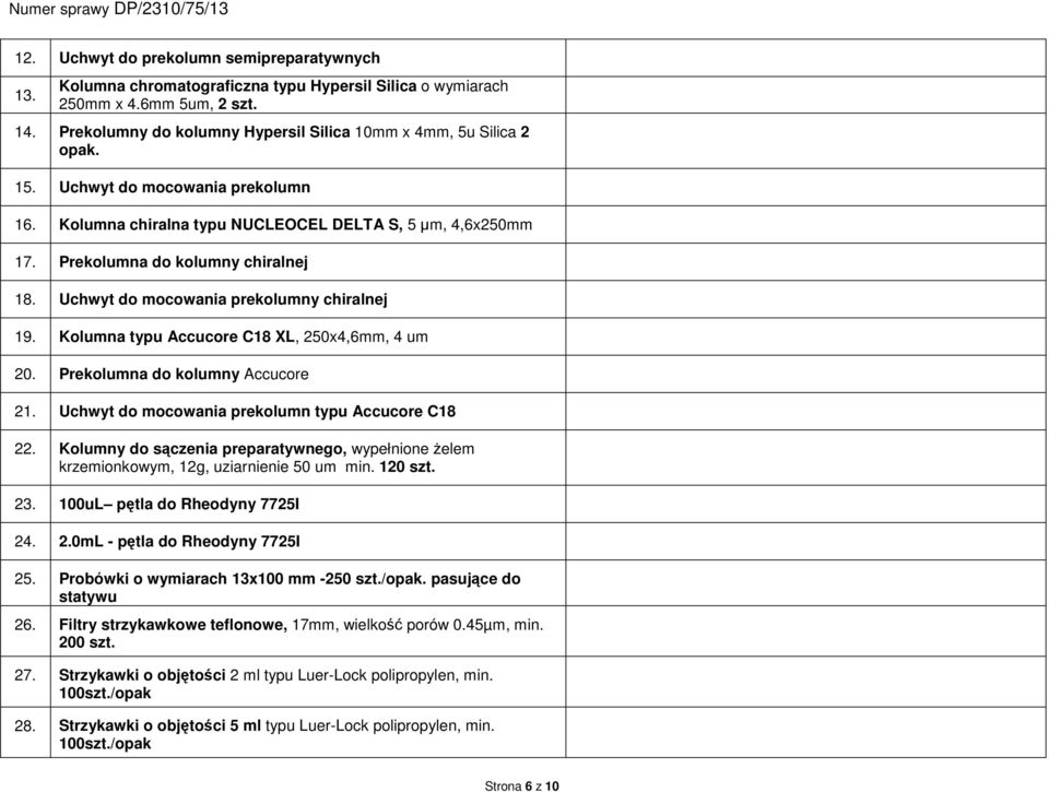 Prekolumna do kolumny chiralnej 18. Uchwyt do mocowania prekolumny chiralnej 19. Kolumna typu Accucore C18 XL, 250x4,6mm, 4 um 20. Prekolumna do kolumny Accucore 21.