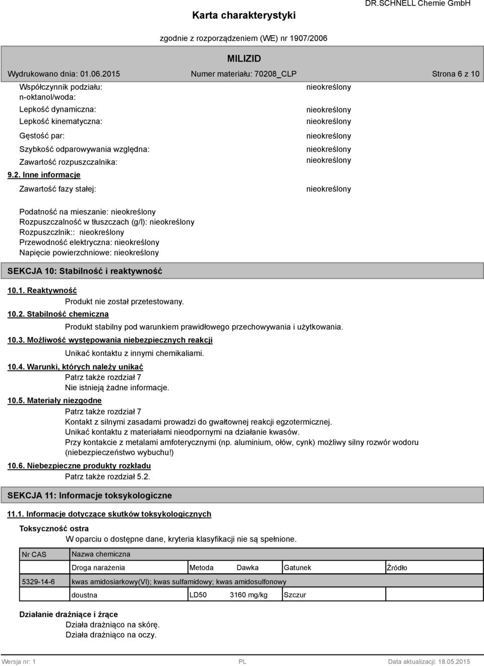 reaktywność 10.1. Reaktywność Produkt nie został przetestowany. 10.2. Stabilność chemiczna Produkt stabilny pod warunkiem prawidłowego przechowywania i użytkowania. 10.3.