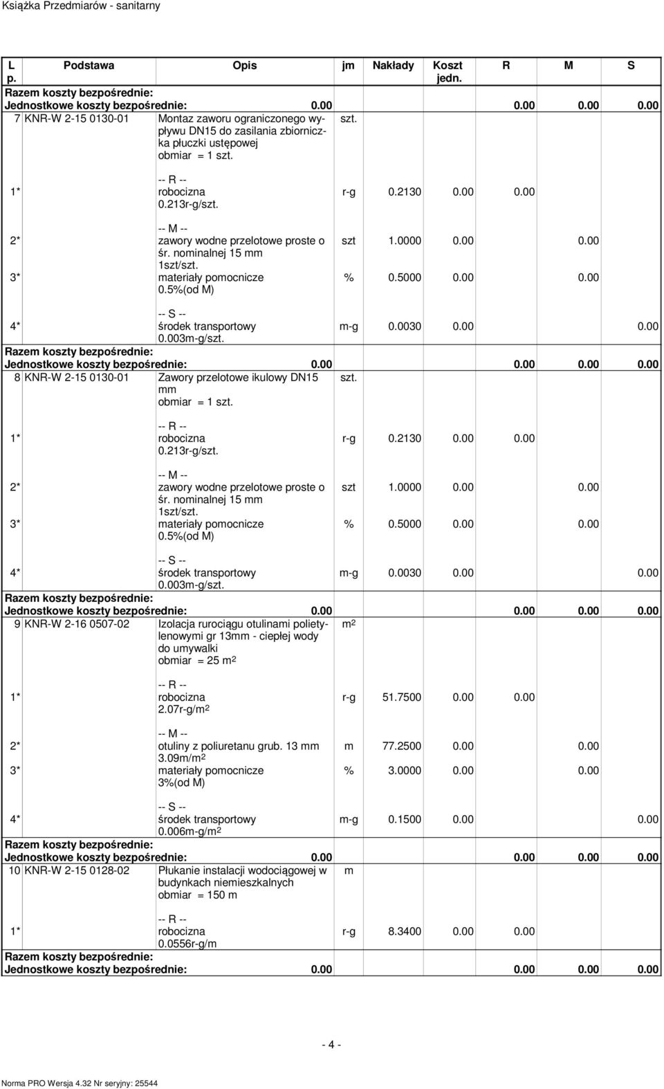 213r-g/ 2 zawory wodne przelotowe proste o śr. noinalnej 15 r-g 0.2130 0.00 0.00 -g 0.0030 0.00 0.00 0.003-g/ 9 KNR-W 2-16 0507-02 Izolacja rurociągu otulinai polietylenowyi gr 13 - ciepłej wody do uywalki obiar = 25 2 2 2.