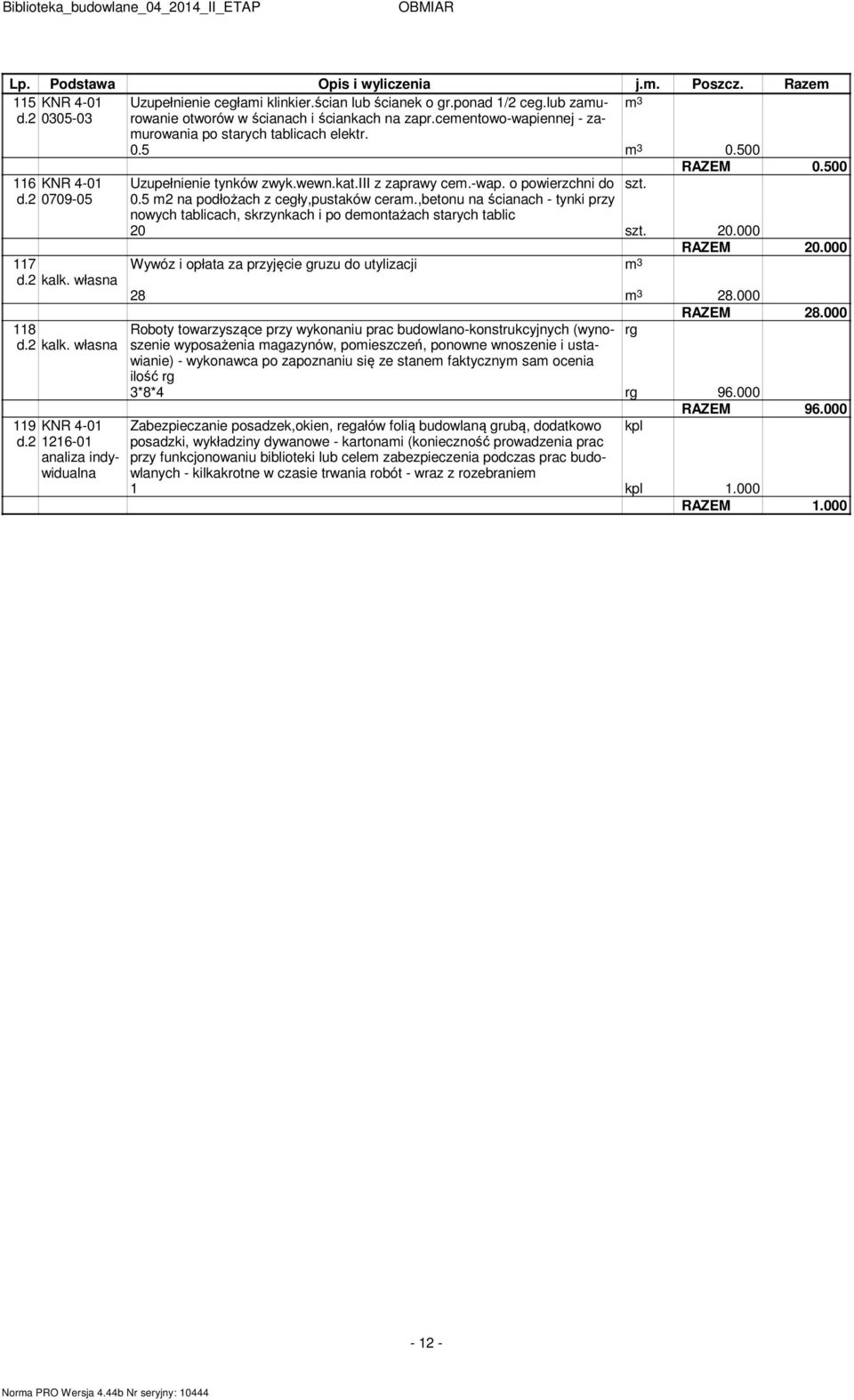 2 1216-01 analiza indywidualna RAZEM 0.500 Uzupełnienie tynków zwyk.wewn.kat.iii z zaprawy ce.-wap. o powierzchni do szt. 0.5 2 na podłożach z cegły,pustaków cera.