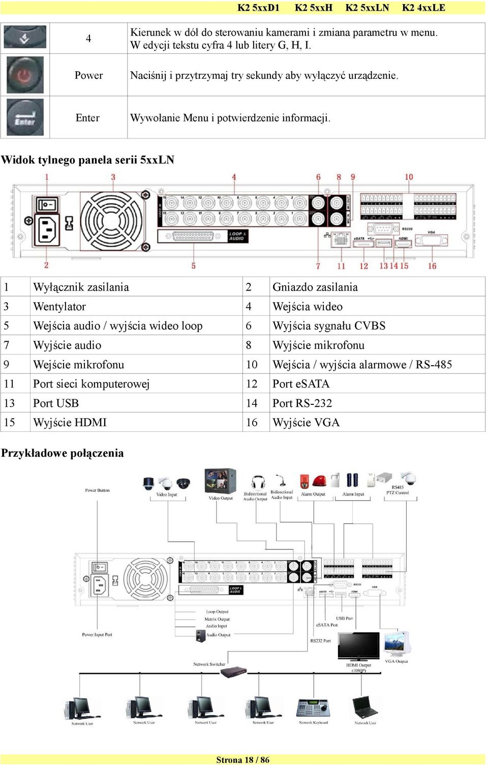 Widok tylnego panela serii 5xxLN 1 Wyłącznik zasilania 2 Gniazdo zasilania 3 Wentylator 4 Wejścia wideo 5 Wejścia audio / wyjścia wideo loop 6 Wyjścia