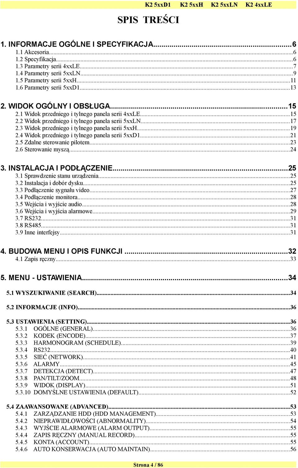 3 Widok przedniego i tylnego panela serii 5xxH...19 2.4 Widok przedniego i tylnego panela serii 5xxD1...21 2.5 Zdalne sterowanie pilotem...23 2.6 Sterowanie myszą...24 3. INSTALACJA I PODŁĄCZENIE.