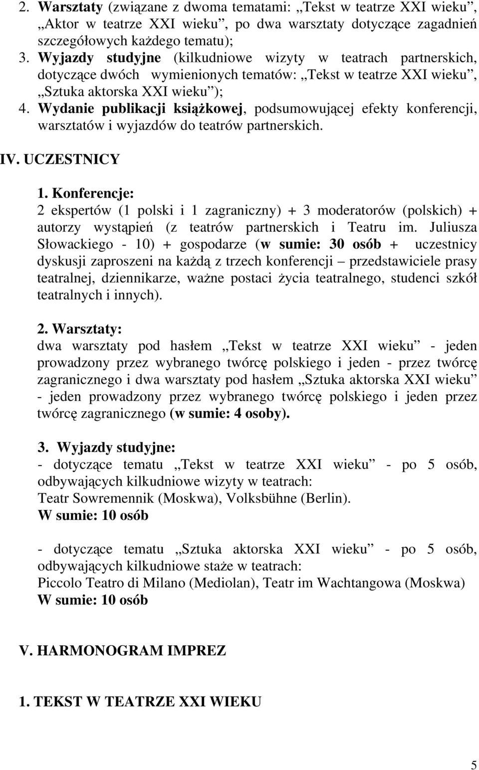 Wydanie publikacji książkowej, podsumowującej efekty konferencji, warsztatów i wyjazdów do teatrów partnerskich. IV. UCZESTNICY 1.