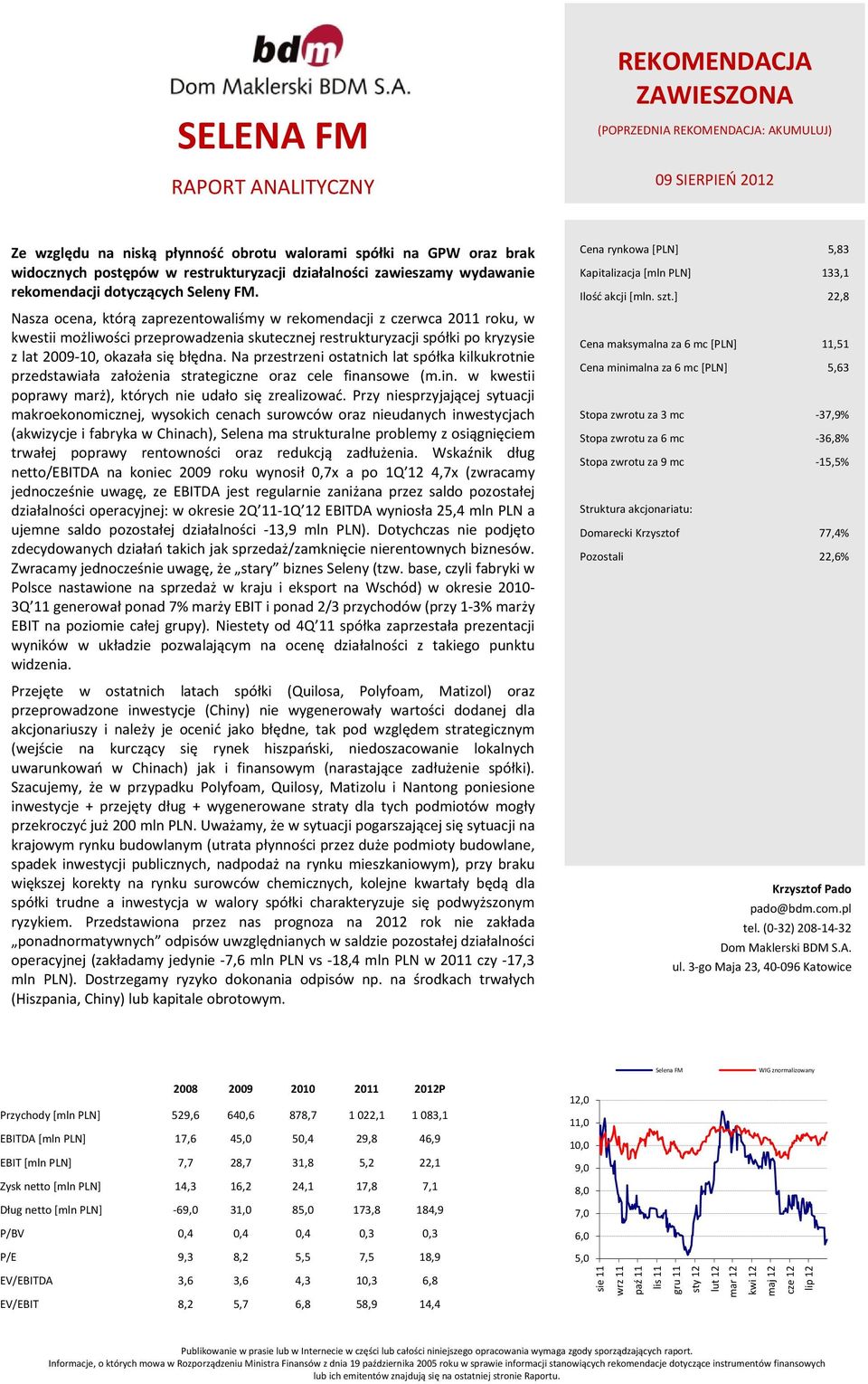 Nasza ocena, którą zaprezentowaliśmy w rekomendacji z czerwca 2011 roku, w kwestii możliwości przeprowadzenia skutecznej restrukturyzacji spółki po kryzysie z lat 2009 10, okazała się błędna.