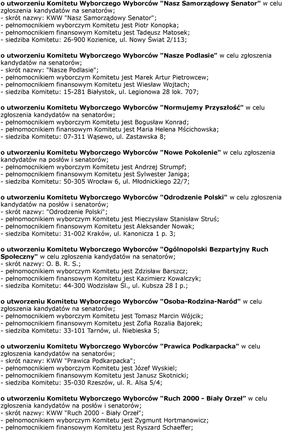 Nowy Świat 2/113; o utworzeniu Komitetu Wyborczego Wyborców "Nasze Podlasie" w celu zgłoszenia - skrót nazwy: "Nasze Podlasie"; - pełnomocnikiem wyborczym Komitetu jest Marek Artur Pietrowcew; -