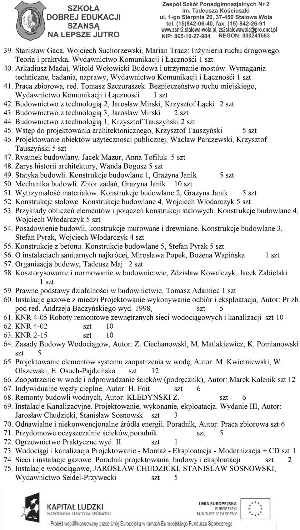 Budownictwo z technologią 3, Jarosław Mirski 2 szt 44. Budownictwo z technologią 1, Krzysztof Tauszyński 2 szt 45. Wstęp do projektowania architektonicznego, Krzysztof Tauszyński 5 szt 46.