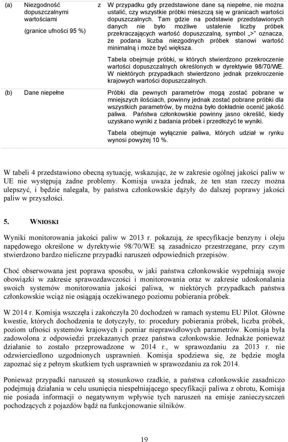 Tam gdzie na podstawie przedstawionych danych nie było możliwe ustalenie liczby próbek przekraczających wartość dopuszczalną, symbol > oznacza, że podana liczba niezgodnych próbek stanowi wartość