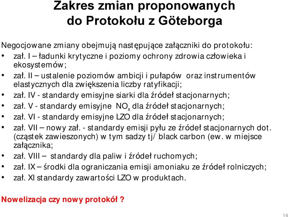 V -standardy emisyjne NO x dla źródeł stacjonarnych; zał. VI -standardy emisyjne LZO dla źródeł stacjonarnych; zał. VII nowy zał. - standardy emisji pyłu ze źródeł stacjonarnych dot.