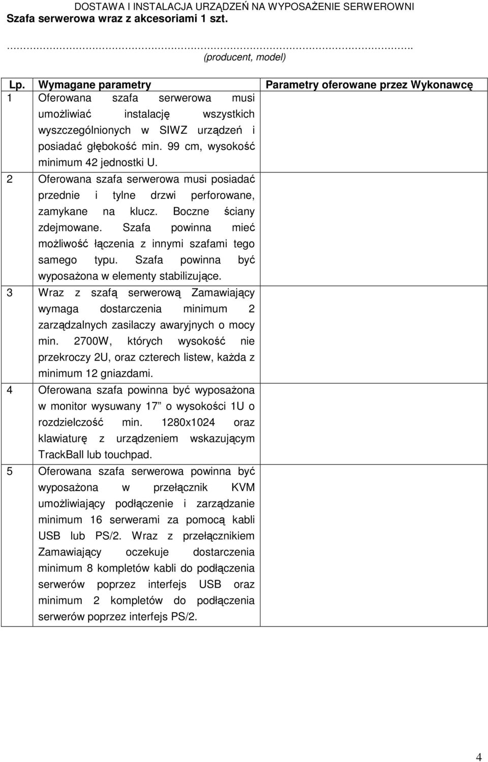 99 cm, wysokość minimum 42 jednostki U. 2 Oferowana szafa serwerowa musi posiadać przednie i tylne drzwi perforowane, zamykane na klucz. Boczne ściany zdejmowane.