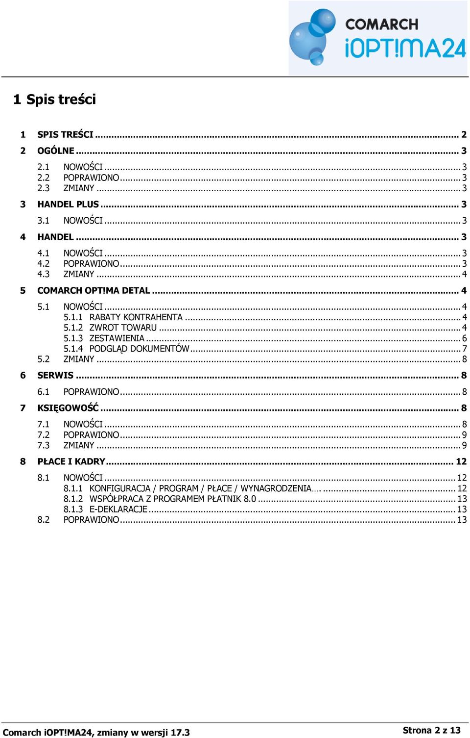 .. 8 7 KSIĘGOWOŚĆ... 8 7.1 NOWOŚCI... 8 7.2 POPRAWIONO... 9 7.3 ZMIANY... 9 8 PŁACE I KADRY... 12 8.1 NOWOŚCI... 12 8.1.1 KONFIGURACJA / PROGRAM / PŁACE / WYNAGRODZENIA.... 12 8.1.2 WSPÓŁPRACA Z PROGRAMEM PŁATNIK 8.