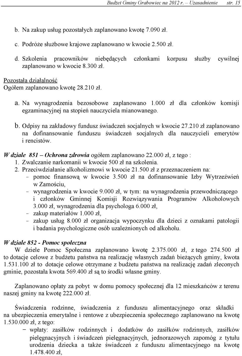 Na wynagrodzenia bezosobowe zaplanowano 1.000 zł dla członków komisji egzaminacyjnej na stopień nauczyciela mianowanego. b. Odpisy na zakładowy fundusz świadczeń socjalnych w kwocie 27.