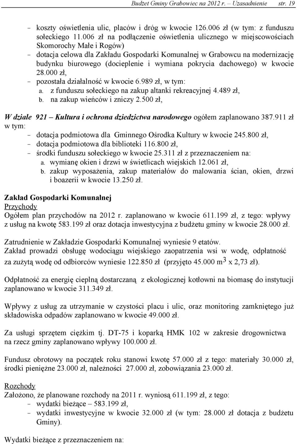 wymiana pokrycia dachowego) w kwocie 28.000 zł, - pozostała działalność w kwocie 6.989 zł, w tym: a. z funduszu sołeckiego na zakup altanki rekreacyjnej 4.489 zł, b. na zakup wieńców i zniczy 2.