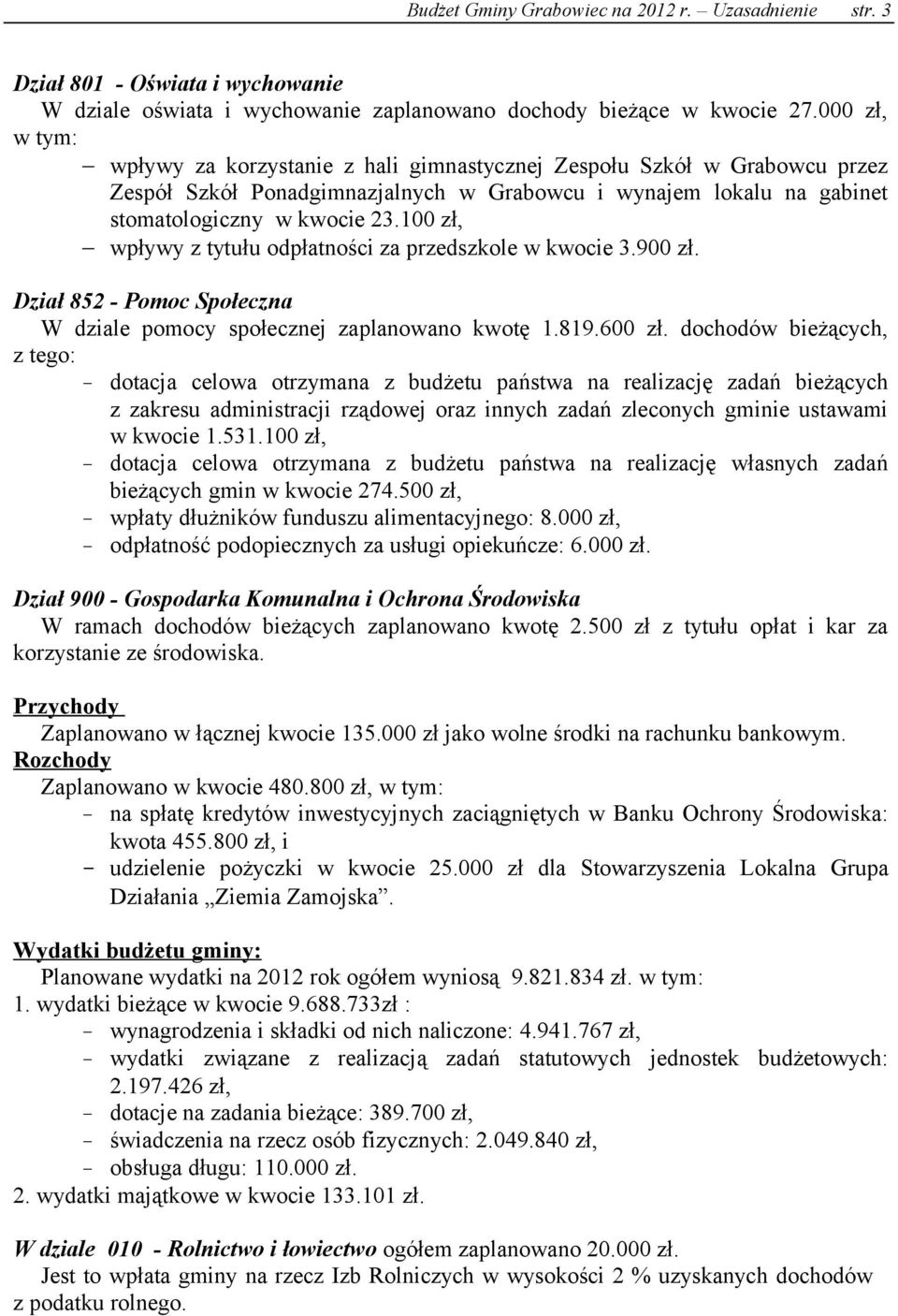 100 zł, wpływy z tytułu odpłatności za przedszkole w kwocie 3.900 zł. Dział 852 - Pomoc Społeczna W dziale pomocy społecznej zaplanowano kwotę 1.819.600 zł.