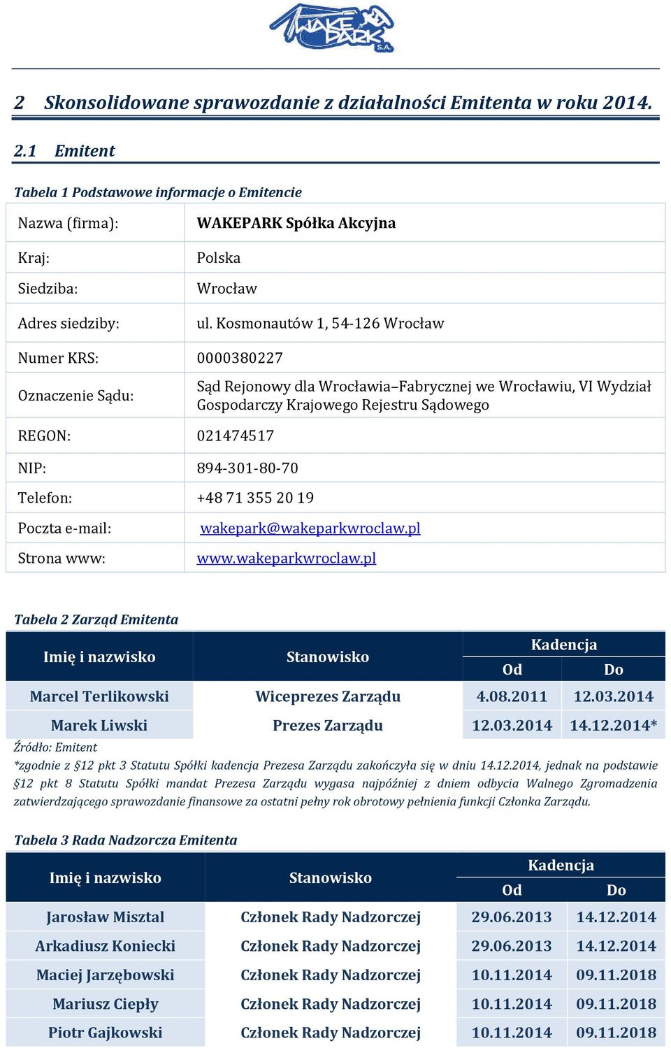 Kosmonautów 1, 54-126 Wrocław Numer KRS: 0000380227 Oznaczenie Sądu: Sąd Rejonowy dla Wrocławia Fabrycznej we Wrocławiu, VI Wydział Gospodarczy Krajowego Rejestru Sądowego REGON: 021474517 NIP: