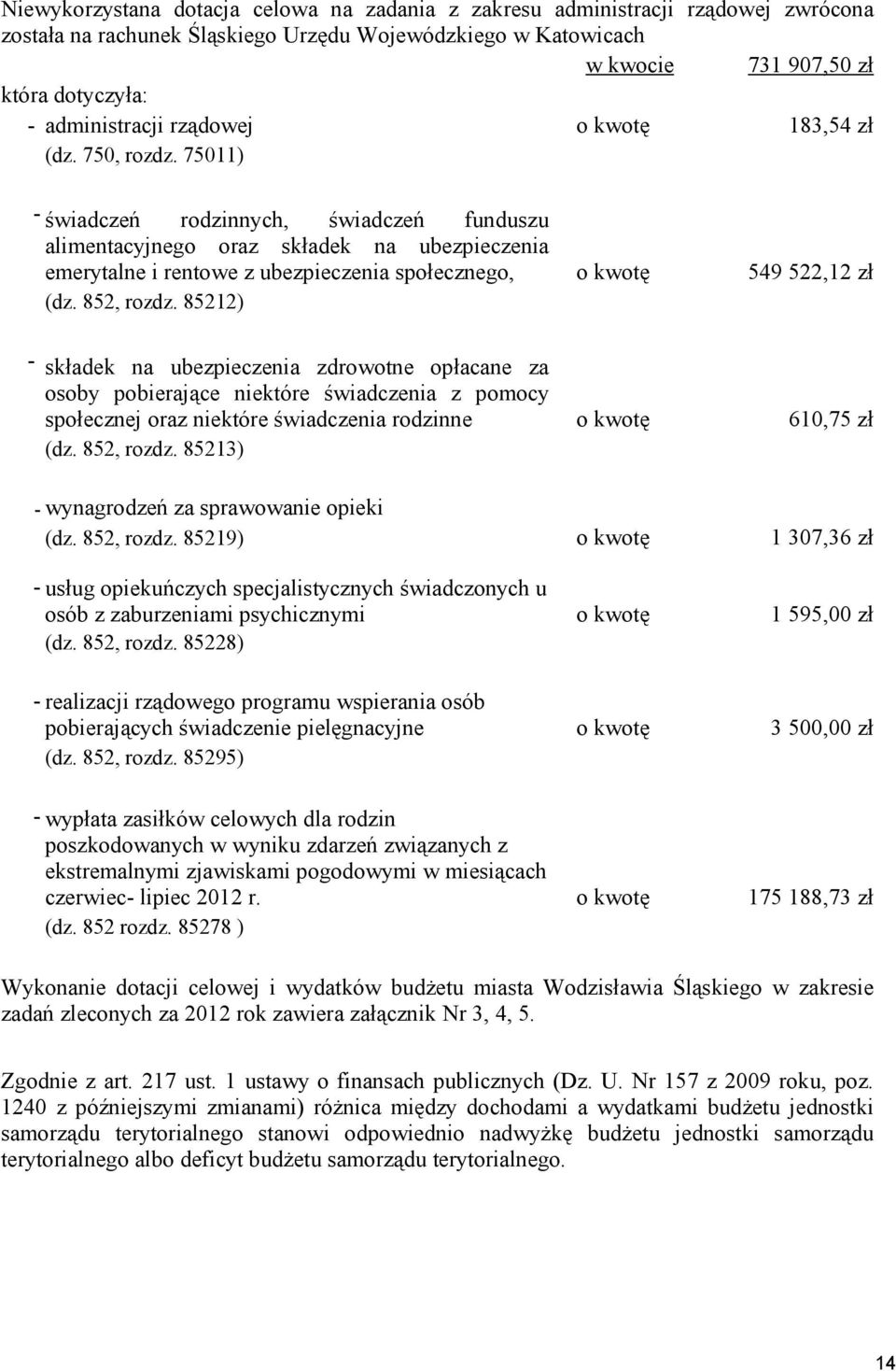 75011) - świadczeń rodzinnych, świadczeń funduszu alimentacyjnego oraz składek na ubezpieczenia emerytalne i rentowe z ubezpieczenia społecznego, (dz. 852, rozdz.