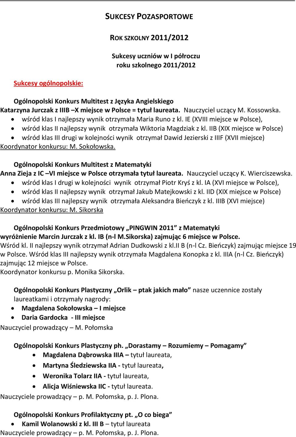 IE (XVIII miejsce w Polsce), wśród klas II najlepszy wynik otrzymała Wiktoria Magdziak z kl.