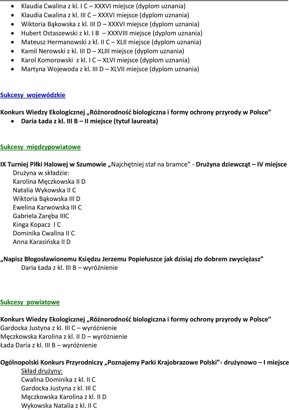 III D XLIII miejsce (dyplom uznania) Karol Komorowski z kl. I C XLVI miejsce (dyplom uznania) Martyna Wojewoda z kl.